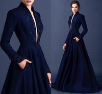 Wholesale Dark Blue Modest Evening Dresses Embroidery Long Sleeve Ruched Satin Ellie Saab Dress Evening Wear Full Length Appliques Formal Gowns