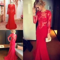 Wholesale Actual Image Long Sleeves Formal Dresses Evening Gowns See through Sheer Backless Women Lace Dress Mermaid Satin Red Party prom Gowns