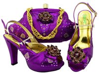 Wholesale High quality purple women shoes with rhinestone and big crystal african pumps match handbag set for dress MM1052 heel CM
