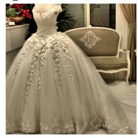 Wholesale Real Image New Arrival Pearls Lace Wedding Dress Empire Beaded Ball Gowns Bridal Gown With Flowers Lace Applique Luxury Bridal Gown