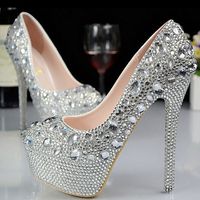 Wholesale Luxury Wedding Shoes With Rhinestone Crystals Round Toe High Heel Custom Made Modest Woman s Party Prom Platform Bridal Shoes