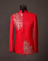 Wholesale New Fashion Chinese Style Wedding Dress Black Blue Red Embroidery Male Tunic Suit Groom Wedding Suits Terno Masculino