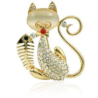 Wholesale Fashion Opal Cat Brooches Pins High Quality Luxury Rhinestone Animal Brooches For Women Cloths Decoration Jewelry