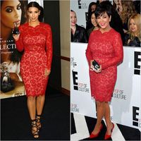 Wholesale 2018 Sexy Kim Kardashian Cocktail Dresses Red Lace Sheath Celebrity Gowns Long Sleeves Knee Length Prom Party Dress Real Images