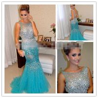 Wholesale Amazing Turquoise Evening Dresses Long New Sheer Scoop Neck Bling Crystals Sequins Backless Sweep Train Celebrity Runway Formal Dress