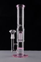 Wholesale Pink Colorful High Straight Thick Glass Bongs Ice Notches Function Glass Bong Glass Water Pipe Smoking Pipes Dual Perc Hookahs mm