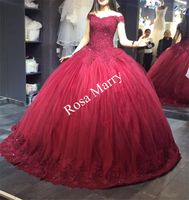 Wholesale Princess Masquerade Sweet Ball Gown Quinceanera Prom Dresses Off Shoulder Sequined Beaded Red Puffy Tulle Arabic Vestidos De Anos