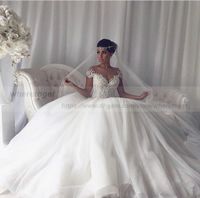 Wholesale Arabic bling beads ball gown wedding dresses plus size sheer jewel neck modest lace up corset cape sleeve embroidery princess bridal gowns