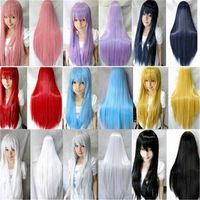 Wholesale WoodFestival Synthetic Hair Straight Long Wig With Bangs Cosplay Wigs For Women Pink Red Blue Purple Blonde Brown Black Green cm