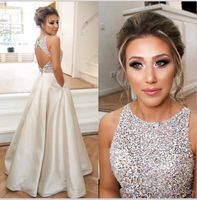 Wholesale Jewel Top Beaded Prom Dresses Long Puffy Sequin Crystal Floor Length Prom Gowns Couture Keyhole Back Dresses Evening Wear Real Party