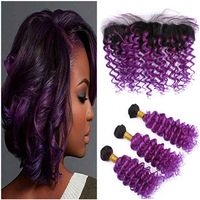 Wholesale Virgin Brazilian Purple Ombre Human Hair Weaves with Lace Frontal Deep Wave B Purple Ombre Full Lace Frontal Closure x4 with Bundles