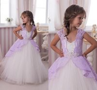 Wholesale White Tulle Flower Girl Dresses With Purple Lace Capped Sleeves Puffy Princess Pageant Gowns Custom made Kids Christmas Formal Gowns