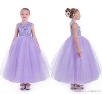 Wholesale 3D Floral Appliques Flower Girl Dresses For Weddings Purple Beaded Ball Gown Tulle Child Dresses Beautiful FlowerGirl Wedding Dresses