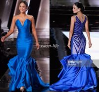 Wholesale Miss Universe Evening Dresses Mermaid Blue Illusion Back Beaded Sequins Ruffles Satin Sleeveless Pageant Gowns Formal Prom Dress