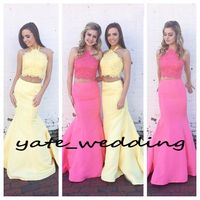 Wholesale 2017 Newest Two Piece Mermaid Prom Dresses Halter Lace Satin Beaded Yellow Pink Blue Backless Prom Dresses For Teen Sweep Train