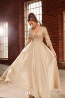 Wholesale Elegant Long Sleeve Lace Prom Dresses Champagne Chiffon A Line Party Dresses Beads Crystal Empire evening gowns Lady Evening Wear