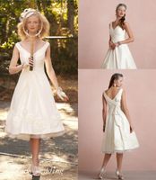 Wholesale Unique Vintage Tea Length Wedding Dresses Graceful A Line V Neck Reception Wedding Dress Bridal Party Gowns