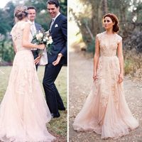 Wholesale aline light pink vintage lace appliqued tulle wedding dresses sexy vneck sheer back wedding gowns court train bridal gowns