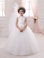 Wholesale New Lovely White Ivory Tulle Flower Girl Dresses Cross Straps Back Lace Wedding Party Ball Gown Apliques Girls Pageant Dresses Custom Made