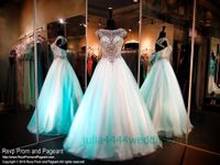Wholesale 2019 Quinceanera Dresses Prom Party Gown Pageant Full Beads Top Mint ulle With Cap Sleeve Soop Sheer Neck Cap Sleeve Sweet Long