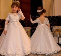 Wholesale Vintage Princess Flower Girls Dresses for Weddings Lace Long Sleeve Boat Neck Vintage Girl Pageant Gowns Cheap Holy Communion Dress