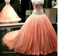 Wholesale High Quality Peach Colour Wedding Dresses Beautiful A Line Tulle Beaded Long Women Bridal Party Gowns