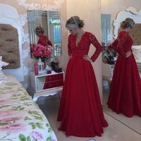 Wholesale 2016 Fabulous Long Sleeves Lace Top Red A Line Satin Prom Dresses Deep V Neckline Backless Beaded Pearls Women Evening Party Gowns