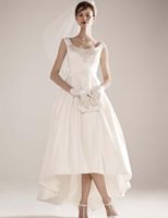 Wholesale New Fashion Design High Low Wedding Dresses Beading Square Neck Satin Short Front Long Back Bridal Gown vestido de noiva W079