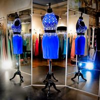 Wholesale Royal Blue Short Cocktail Dresses Halter Neckline Beaded Sequins Pieces Prom Dresses Party Gowns Open Back