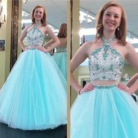 Wholesale Two Pieces Turquoise Prom Dresses Halter Beaded Crystal A Line Vestidos de Fiesta Tulle Sexy back Formal Party Evening Gowns