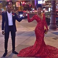 Wholesale 2020 Sexy Bling Red Sequined Mermaid Prom Dresses African Black Girl Long Sleeves V Neck Special Occasion Prom Gowns Evening Vestidos