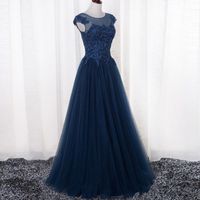 Wholesale Navy Blue Prom Dresses Long Evening Gowns Scoop Short Sleeve Pleats Tulle with Applique Shining Beads Burgundy Gold Red