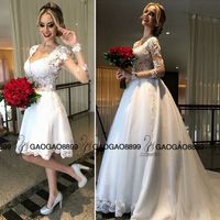 Wholesale 2019 Hot Fashion Two Pieces Detachable Train Beach Short Wedding Dresses with Long Sleeve Scoop Knee length Cheap Bridal Wedding Gown