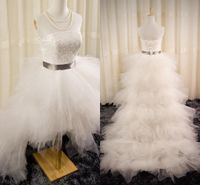 Wholesale Custom High Low Wedding Dresses Sexy Bling Pearls Lace Strapless Elegant Ivory A Line Tiered Layers Backless Beach Corset Bridal Gowns