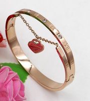 Wholesale NEW rose gold titanium steel snap bangle bracelet with roman numerals diamond peach heart