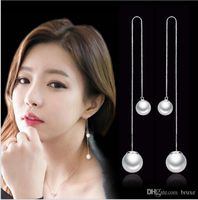 Wholesale OL fashion long paragraph tassel pearl ear wire hypoallergenic Korean fashion silver jewelry manufacturers earrings white fungus