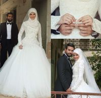 Wholesale Arabic Dubai Muslim Wedding Dresses Saudi Arabian Modest High Neck Hijab Wedding Gown Long Sleeves Lace Applique Beaded Bridal Dresses
