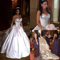 Wholesale 2019 Elegant Satin Pnina Tornai Wedding Dress Ball Gowns Sweetheart Ivory Sparkly Crystal Beaded Lace Up Chapel Train Bridal Gowns