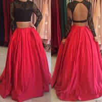 Wholesale Black Lace Top Two Pieces Long Prom Dresses Elegant O neckline Sexy Backless Red A line Prom Dress Hot Sale Prom Party Dress