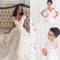 Wholesale Hot Selling White Deep V Neck Lace Long Wedding Dresses Tulle Cap Sleeves A Line Floor Length Bridal Gowns