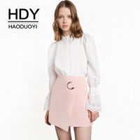 Wholesale HDY Haoduoyi Women s Pink Ring Wrap Mini Skirt College Style Mid Waist A Line Skirts Fashion Ladies Slim Asymmetric Skirts q1109