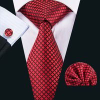 Wholesale Red Silk Ties for Men Plaid and Checks Necktie Handkerchief Cufflinks Gift Set for Wedding Part Business N