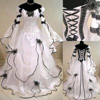 Wholesale Vintage Gothic Black And White Wedding Dresses Cheap Off Shoulder Julie Long Sleeves Appliqued Lace Organza Victorian Bridal Gowns