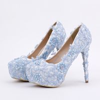 Wholesale Blue Lace Prom Shoes Handmade Rhinestone Bridal Dress Shoes Platform Formal Shoes Inches Comfortable Wedding Party Pumps