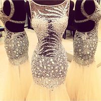 Wholesale 2020 Cheap Bling Sexy Jewel Neck Evening Dresses Wear Rhinestone Crystal Major Beading Mermaid Sheer Dress Formal Open Back Party Prom Gowns