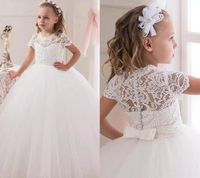 Wholesale Puffy White Ball Gown Flower Girl Dresses Lace Bodice Jewel Short Sleeve Floor Length Flower Girls Dress Formal Wedding Party Gowns For Kids