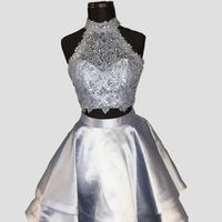 Wholesale Silver Gray Two Piece Homecoming Dresses High Neck Sleeveless Lace Satin Backless Royal Blue Light Sky Blue Red Short Party Dresses