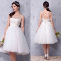 Wholesale Modest Short Beach Wedding Dresses Cheap Sheer Neck Lace Cut Out Back Knee Length Country Garden Bridal Gowns Custom Made EN102414