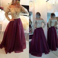 Wholesale 2016 Burgundy Sheer Long Sleeves Lace Prom Dresses Applique Beaded Top Beads Long Evening Gowns With Buttons Formal Dresses Party