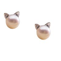 Wholesale Cute Cat Stud Earrings Sterling Silver Plated Pearl Earrings Fashion Jwewlry For Women Girls Platinum Color